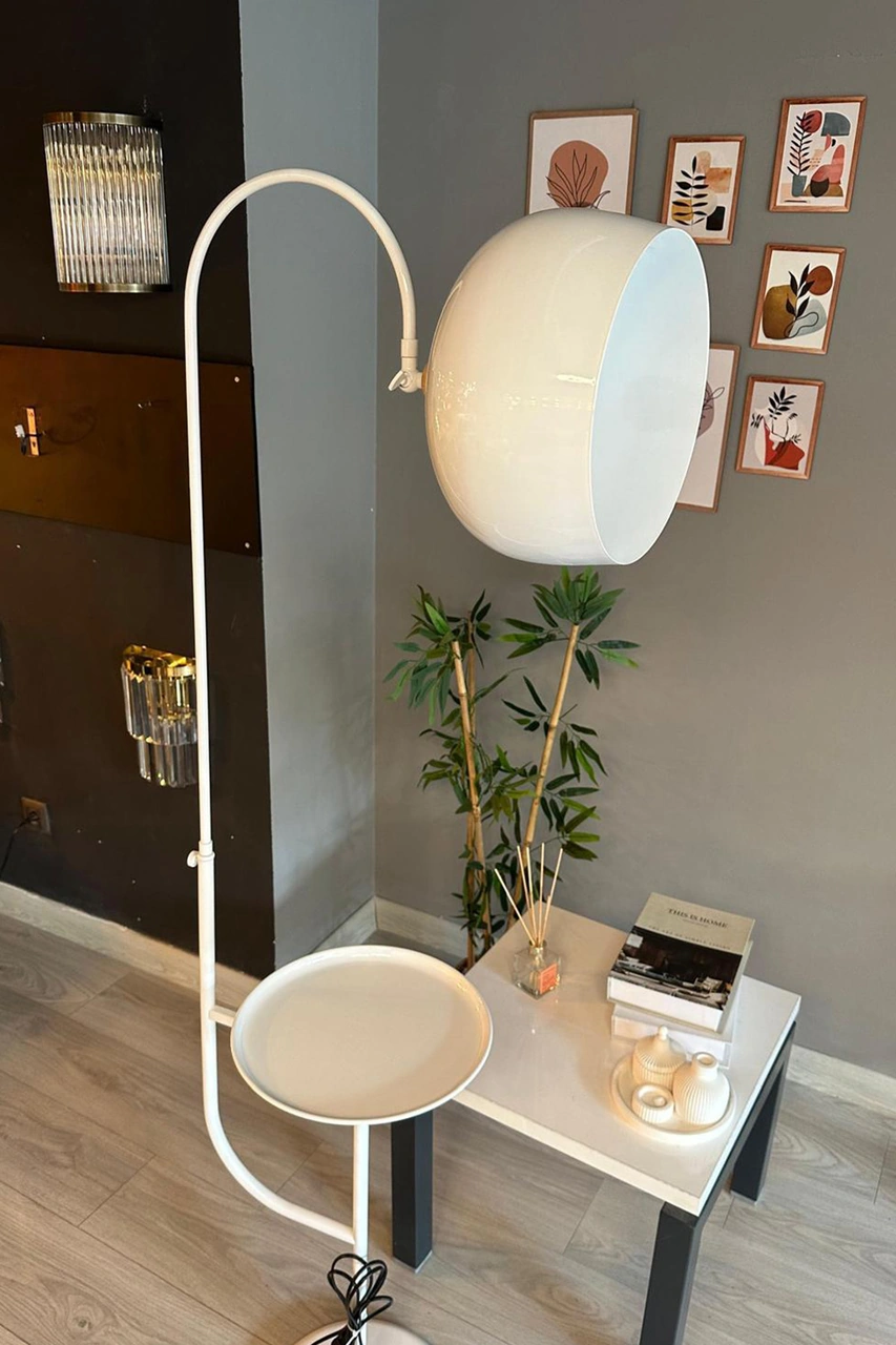 Lambader Beyaz Hareketli Başlık Sehpalı Modern Dekoratif Metal Oturma Odası Çalışma Odası Zemin Beyaz