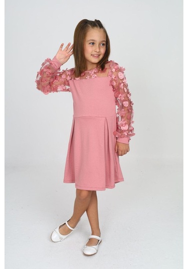 Tül Detaylı Siyah Elbise 2 Pembe