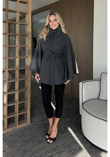 Antrasit Düğmeli Kuşaklı Kaşe Panço - 2055 Antrasit