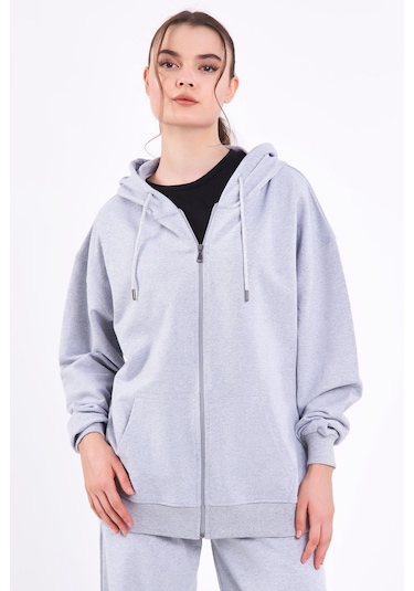 Comeor Gri Kanguru Cepli Kapüşonlu Fermuarlı Oversize Kadın Sweatshirt Cmrb73-gri Gri Comeor Gri Kanguru Cepli Kapüşonlu Fermuarlı Oversize Kadın Sweatshirt Cmrb73-gri Gri