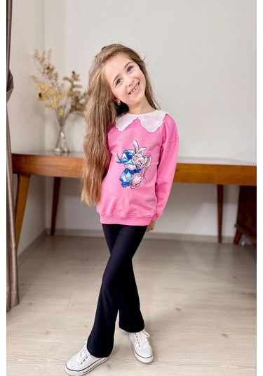 Yaka Detaylı Stitch Desenli Pembe Renk Kız Çocuk Takım Pembe