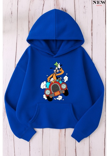 Arabalı Goffy Baskılı Sweatshirt Saks Mavisi