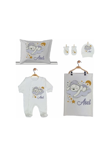Pia Baby Gl 2002 İsme Özel Ayıcıklı Beşli Tulum Set Krem