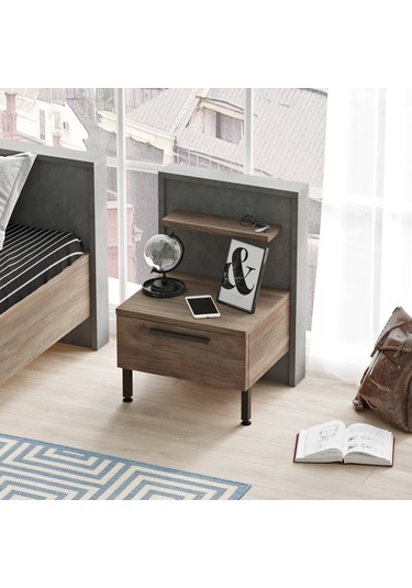 Robin Home Dream 2 Çekmeceli Çocuk Komodin Metal Ayak  Kahve-Beton