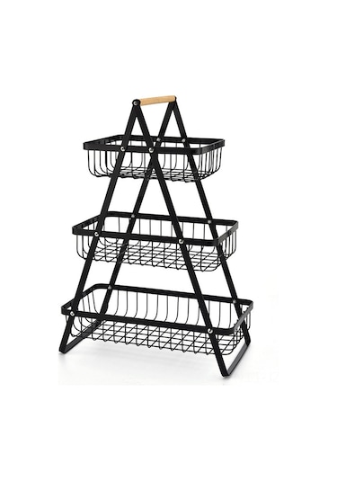 Geeroyoo Karbon Çelik Mutfak Ve Salon Depolama Sepeti, Ahşap Kollü İki Katlı, Meyve, Ekmek Ve Atıştırmalık Taşıma İçin Dayanıklı Tasarım Fruit Basket Çift Siyah