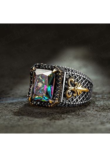 925 Ayar Gümüş Mistik Topaz Taşlı Pençeli Usta İşi Erkek Yüzük Gümüş