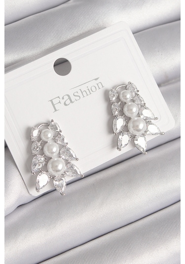 Pirinç Gümüş Renk Zirkon Taşlı Yaprak Model İnci Detay Kadın Küpe Çok Renkli