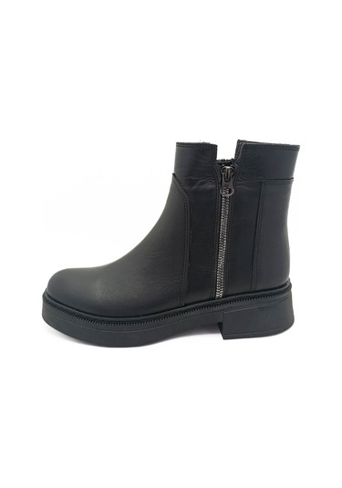 Hakiki Deri Siyah Fermuarlı Kalın Topuk Ortopedik Kadın Bot Siyah