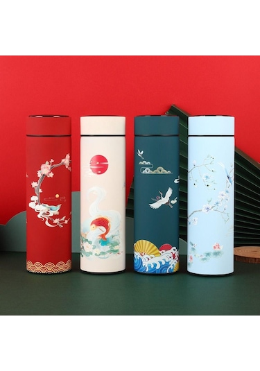 Gökyüzü Kapaklı Çift Katmanlı Ekran Çin Tarzı Kahve Tumbler Su Şişesi Termos Termos Bardak