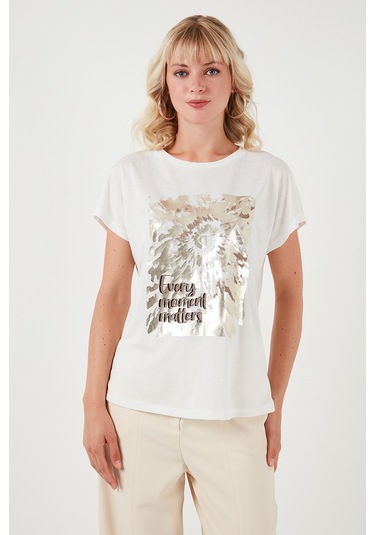 Lela Baskılı Bisiklet Yaka Regular Fit Bayan T Shirt 6671001 Ekru