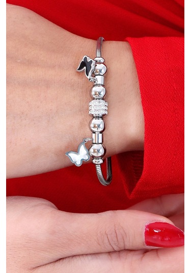 Kadın Taşlı Kelebek Çelik Bileklik Altın Kaplama Gümüş Renk Altın