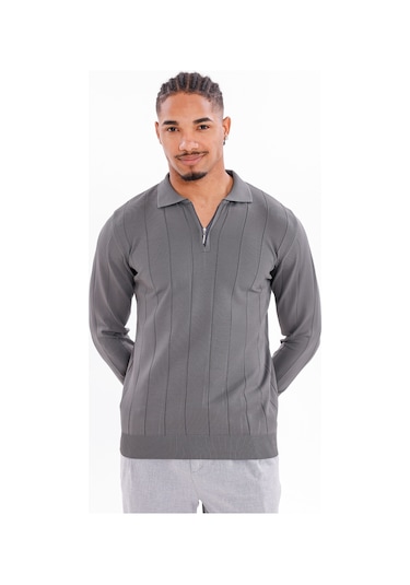 Monox Erkek Yarım Fermuarlı Polo Yaka Triko Kazak Füme