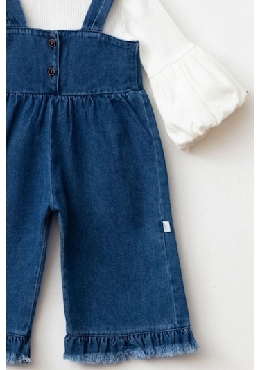 Kız Bebek Jean Püsküllü Salopet Ve Pamuklu Body 2'li Takım Koyu Mavi