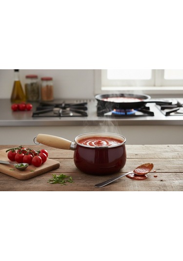 Emaye 14 Cm Bombeli Ahşap Sap Sosluk Renkli Bordo