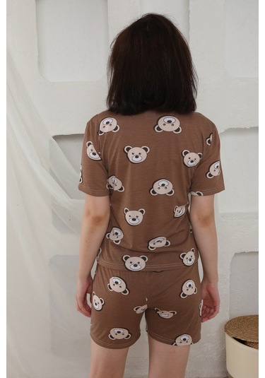 Fames Pijama Yazlık Desenli Loose Crop Şortlu Pijama Takım Kahverengi