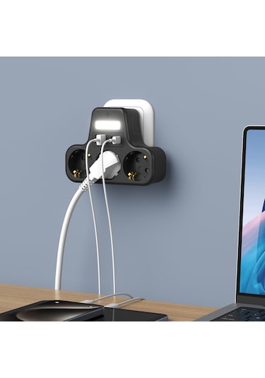 Çoklu Gece Lambalı Priz Yüksek Gerilim Korumalı 3'lü Priz 2x Usb 2x Type-c Çıkışlı Grup Priz Çoğaltıcı 0