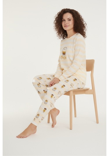 Luxury Thermal Coffee Desenli Kadın Polar Kışlık Pijama Takımı 42009 Sarı