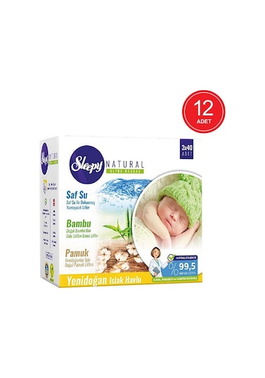 Sleepy Natural Ultra Hassas Yenidoğan Islak Pamuklu Havlu 12 X 40'Lı
