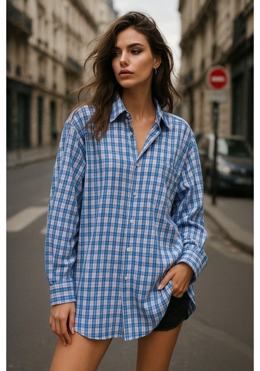 Kadın Mavi Beyaz Oversize Ekoseli Gömlek Over Fit Relaxed Gömlek Çok Renkli