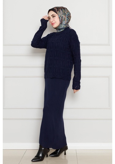 Dantel İşlemeli Jileli Triko Takım-lacivert-4436 Lacivert