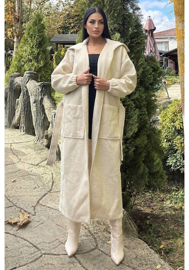 Ekru Cepli, Balon Kol, Kemerli, Kalın Örgü Triko, Uzun Kaban Ekru