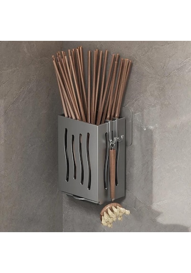 Gri Mutfak Eşyası Rafı-çok Fonksiyonlu Drenaj Çubuk Tutucu, Duvara Monte Veya Bağımsız Çatal Saklama Kutusu, Plastik