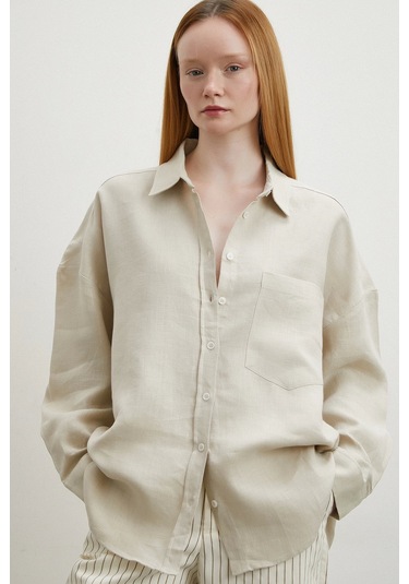 Robalı Cepli Keten Gömlek Taş TAŞ Taş