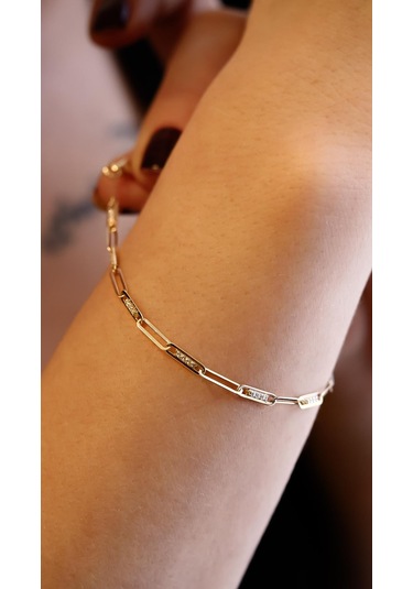 Semiz Altın Taş Detaylı Ataç Altın Bileklik Sarı - Yeşil