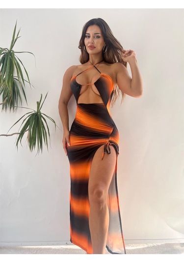 Turuncu Siyah Degrade Desen Derin Yırtmaçlı Göğüs Dekolteli Midi Elbise