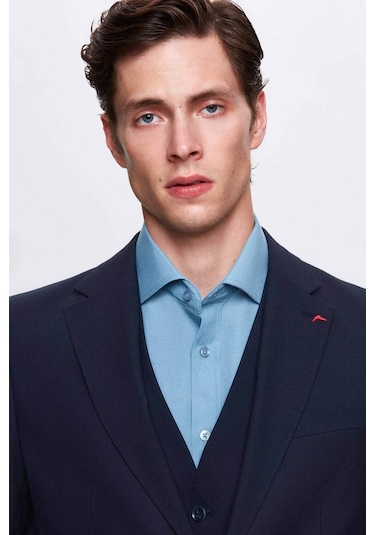 Ds Damat Slim Fit Lacivert Mono Yaka Tek Yırtmaçlı Astarlı Takim Elbise Yelekli 4HFY5ORT01599 Lacivert