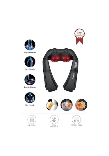 Qy - 666 Siyah Ovmalı Isıtmalı Boyun Sırt Bel Omuz Bacak Masaj Yastığı Masaj Aleti Siyah