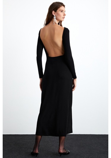 Krızıa Kadın Viskon Likralı Sırt Dekolteli Eteği Geniş Maxi Siyah Elbise