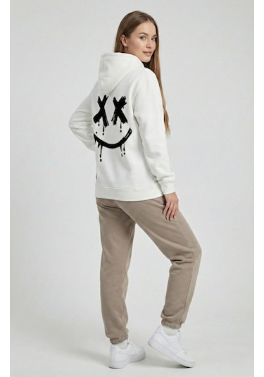 Nevermind Unisex Smile Baskılı Sevgili Kombini Oversize Hoodie Seti Siyah-beyaz