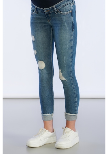 Bpf Lazer Detaylı Slim Fit Hamile Pantolon - Mavi