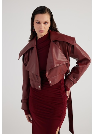 Holly Lolly Crop Model Astarlı Kemerli Neeko Deri Ceket Bordo