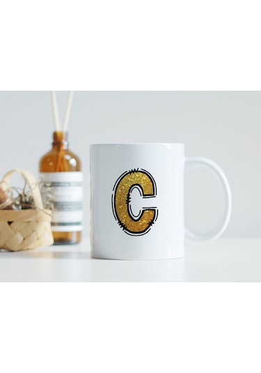 C Harfi Gold Simli Kupa Işıltılı Alfabe Harf Tasarımlı Kahve Kupası - Kişiye Özel Hediye Beyaz