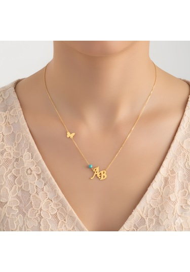 Kelebekli Çapraz Harf Kolye-rose Pembe