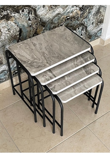 Aslanstore 4'Lü Metal Zigon Sehpa Gri Mermer