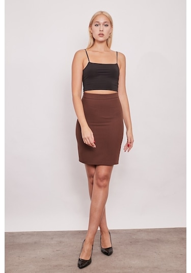 Yüksek Bel Diz Üstü Şık Kumaş Kalem Etek-Kahve