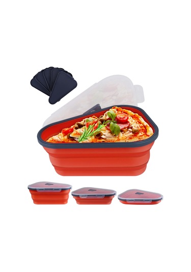 Neevoyu Kırmızı Gıda Kalitesi Silikon Pizza Kutusu - Yeniden Kullanılabilir, 5 Bölmeli, Mikrodalga & Bulaşık Makinesine Uygun, Leak-proof, Foldable Turuncu - Kırmızı