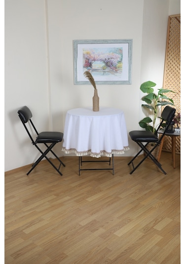 Dnc Home Tekstil  Beyaz Keten Şerit Ponponlu Yuvarlak Masa Örtüsü