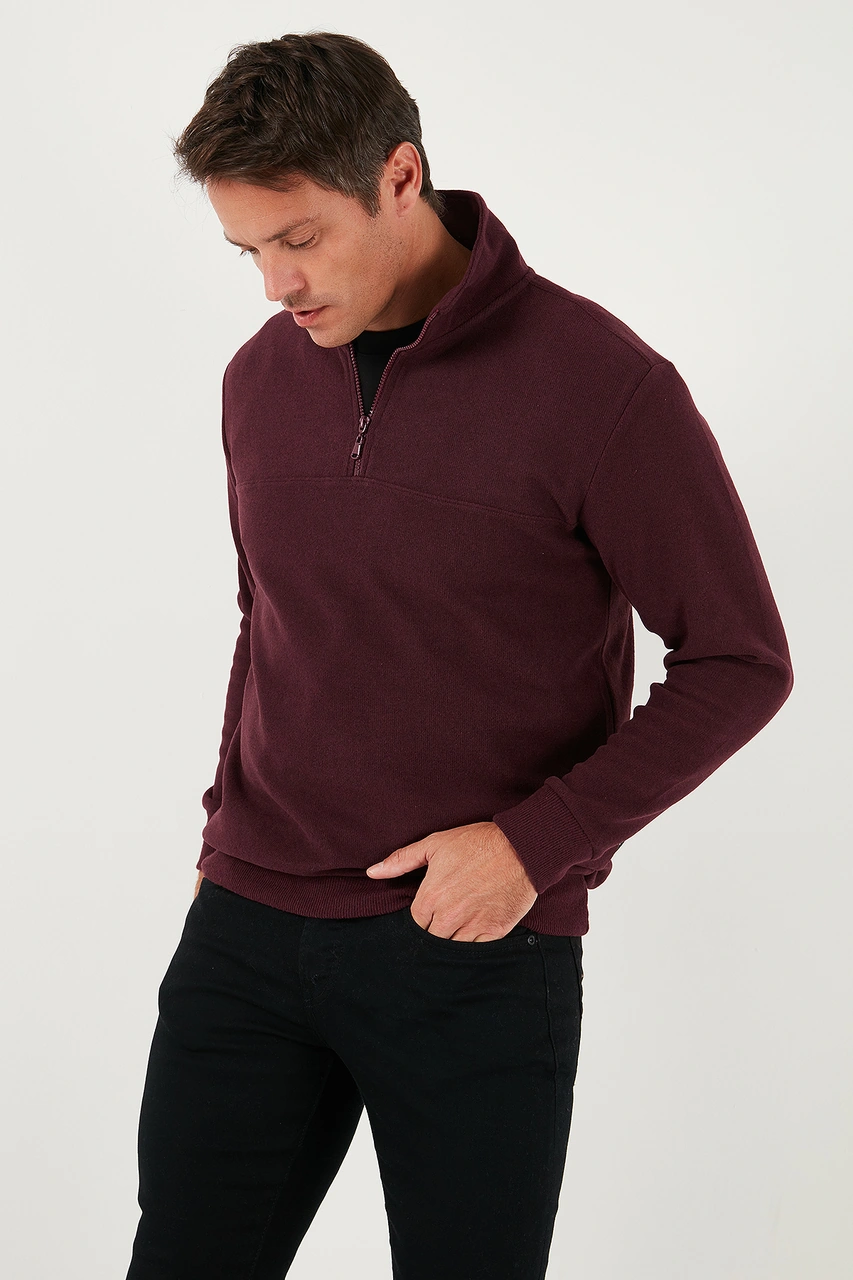 Buratti Pamuklu Regular Fit Yarım Fermuarlı Dik Yaka Erkek Kazak 456112 Mürdüm