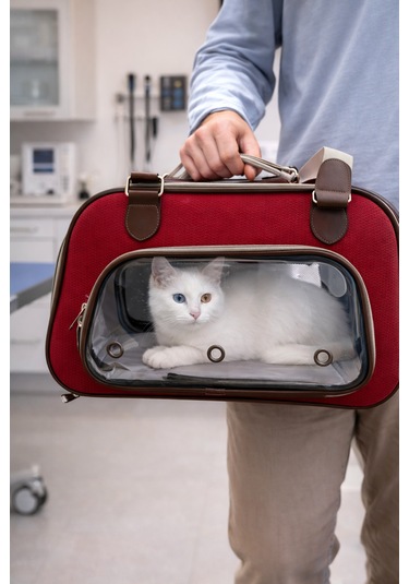 Şeffaf Pencereli Nefes Alabilir Kedi Taşıma Çantası Kırmızı