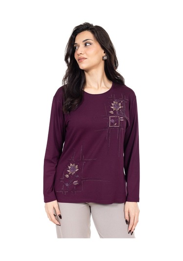 Yeni Sezon Kadın Orta Yaş Ve Üzeri Viskoz Kanaviçe İşlemeli Lüks Anne Penye Bluz 24311-mürdüm Mürdüm