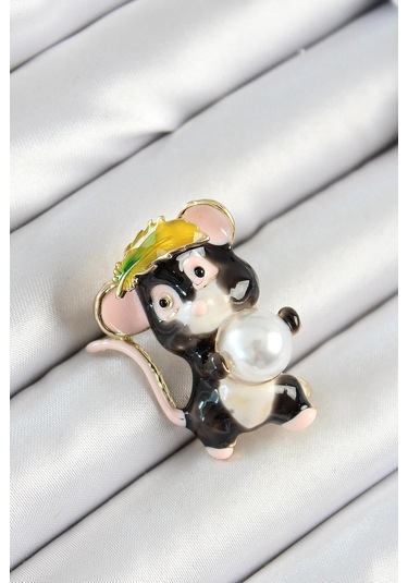 İnci Detaylı Siyah Ve Pembe 3d Sevimli Fare Figürlü Gold Renk Kadın Broş Çok Renkli