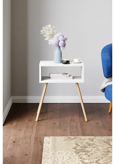 Ahşap Ayaklı Raflı Komodin Beyaz