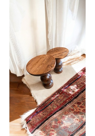 Wood Ahşap 2'li Set Mantar Yan Sehpa Modern Fiskos / Kestane Renk