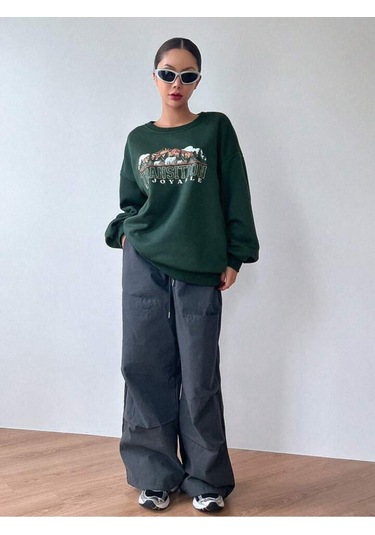 Transition Sweatshirt - Yeşil Baskılı Oversize Kalın Kışlık Bisiklet Yaka Yeşil