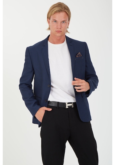 Sposo G-207 Dar Kalıp Desenli Lacivert Erkek Blazer Ceket Lacivert