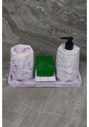 4 Parça Mor Mermer Desenli Beton Banyo Seti Diş Fırçalığı Sıvı Katı Sabunluk Tepsi Lila
